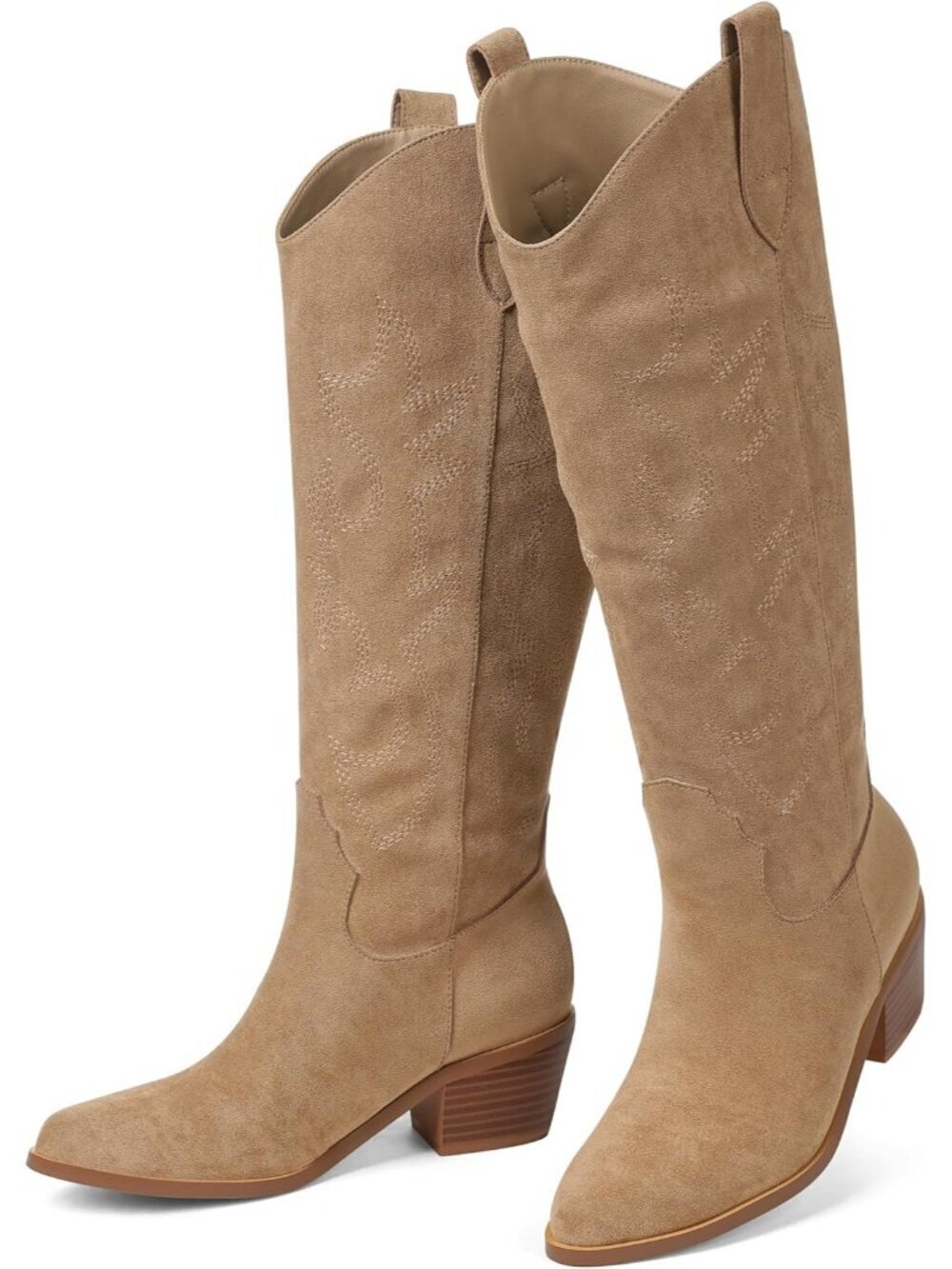 Women's Brownish Knee High Wide Calf Cowgirl Boots with Embroidered Pull On - Picture 4 of 5